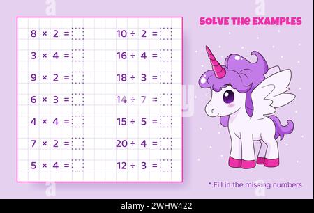 Gioco di matematica per bambini. Moltiplicazione e divisione. Illustrazione Vettoriale