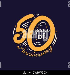 50 Years of Anniversary Logo, illustrazione vettoriale scritta disegnata a mano con elementi celebrativi. 50 ° compleanno Vector Template Design. Illustrazione Vettoriale