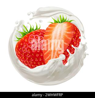 Fragola con schizzi di latte rotondi isolata su sfondo bianco Foto Stock