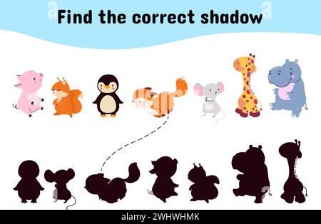 Trovare l'ombra corretta. Gioco educativo per bambini con cartoni animati. Puzzle con giraffa, pinguino, ippopotamo e maiale divertenti. Modello vettoriale Nowaday Illustrazione Vettoriale