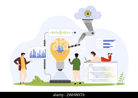 Analisi cloud del progetto digitale, ottimizzazione dei dati. Le persone di piccole dimensioni con lente di ingrandimento e manipolatore robotizzato ricercano una lampadina luminosa con microchip, analizzano l'illustrazione vettoriale dei cartoni animati Illustrazione Vettoriale