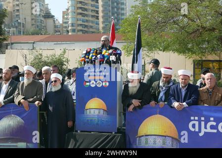 Beirut, Libano. 11 febbraio 2024. Un colpo di protesta pro Palestina a Beirut, Libano, 11 febbraio 2024. (Foto di Elisa Gestri/Sipa USA) credito: SIPA USA/Alamy Live News Foto Stock