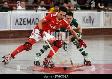 Lisbona, Portogallo. 11 febbraio 2024. Lisbona, 02/11/2024 - la SL Benfica ha ospitato lo Sporting CP questo pomeriggio a Pavilhão da Luz in una partita contando per il campionato nazionale di hockey a rulli per la stagione 2023/24. Goncalo Pinto (Álvaro Isidoro/Global Imagens) credito: Atlantico Press/Alamy Live News Foto Stock