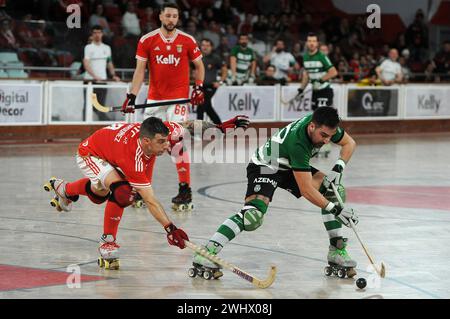 Lisbona, Portogallo. 11 febbraio 2024. Lisbona, 02/11/2024 - la SL Benfica ha ospitato lo Sporting CP questo pomeriggio a Pavilhão da Luz in una partita contando per il campionato nazionale di hockey a rulli per la stagione 2023/24. Gonzalo Romero (Álvaro Isidoro/Global Imagens) credito: Atlantico Press/Alamy Live News Foto Stock