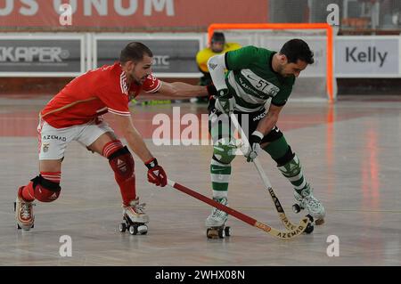 Lisbona, Portogallo. 11 febbraio 2024. Lisbona, 02/11/2024 - la SL Benfica ha ospitato lo Sporting CP questo pomeriggio a Pavilhão da Luz in una partita contando per il campionato nazionale di hockey a rulli per la stagione 2023/24. Toni Perez (Álvaro Isidoro/Global Imagens) credito: Atlantico Press/Alamy Live News Foto Stock