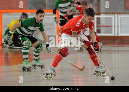 Lisbona, Portogallo. 11 febbraio 2024. Lisbona, 02/11/2024 - la SL Benfica ha ospitato lo Sporting CP questo pomeriggio a Pavilhão da Luz in una partita contando per il campionato nazionale di hockey a rulli per la stagione 2023/24. Carlos Nicolia (Álvaro Isidoro/Global Imagens) credito: Atlantico Press/Alamy Live News Foto Stock