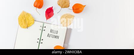 Quaderno con fiori e foglie secche volanti Foto Stock