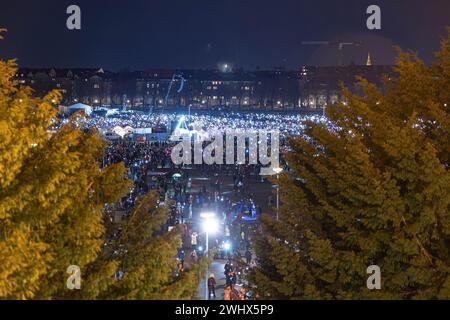 Monaco, Germania. 11 febbraio 2024. Centinaia di migliaia di persone si sono riunite sul Theresienwiese a Monaco di Baviera, in Germania, l'11 febbraio 2024 per un cosiddetto mare di luci contro l'estremismo di destra, il razzismo e l'AfD. I partecipanti hanno illuminato la piazza di fronte alla Baviera con torce, luci per cellulari e lampade. La protesta è stata motivata da una ricerca Correctiv pubblicata questa settimana sulle riunioni nel Landhaus Adlon dove sono stati elaborati piani di deportazione. (Foto di Alexander Pohl/Sipa USA) credito: SIPA USA/Alamy Live News Foto Stock