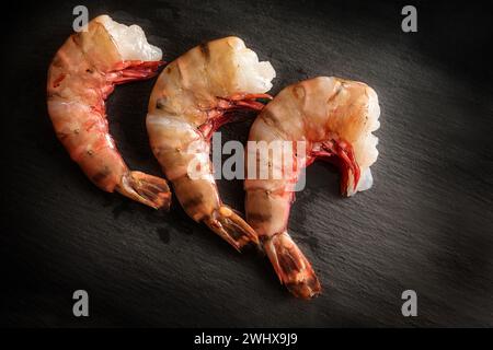 Tre gamberetti giganti crudi senza testa in fila pronti per la cottura su un piatto di ardesia scuro, vista dall'alto, copia spp Foto Stock