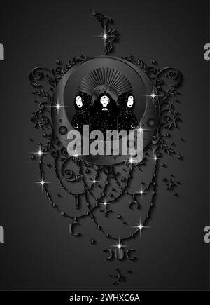 Mistica dea tripla, sacerdotesse sulla magica luna crescente. Bellissime fate celestiali in stile boho. Dark Gothic witch wiccan femminile sacra Illustrazione Vettoriale