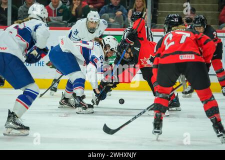 Minneapolis, Minnesota, Stati Uniti. 11 febbraio 2024. Un face-off durante il primo periodo della rivalità 2024 Series tra USA e Canada all'Xcel Energy Center di St. Paul, Minnesota, l'11 febbraio 2024. Il Canada ha vinto 6-1. (Immagine di credito: © Steven Garcia/ZUMA Press Wire) SOLO PER USO EDITORIALE! Non per USO commerciale! Foto Stock