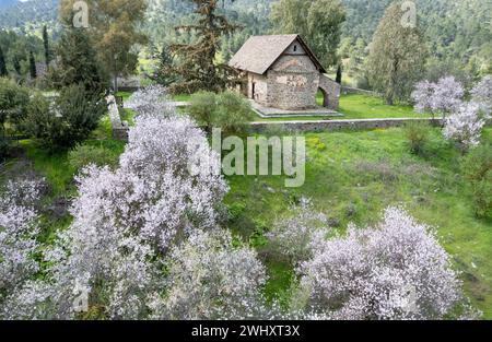 Drone paesaggio aereo dell'antica chiesa ortodossa cristiana in primavera. Cappella Santa Maria Asinoy cipro Foto Stock