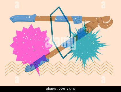 Tagliacavi grande per impieghi pesanti Risograph, vecchia taglierina per fili o barre d'acciaio con bolla vocale e forme geometriche. Oggetti in un grafico riso alla moda Illustrazione Vettoriale