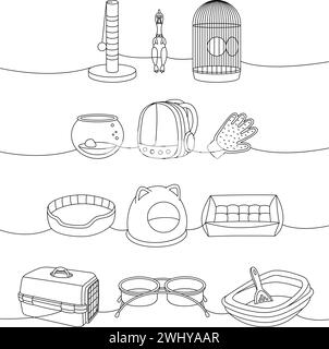 Raccolta di forniture per animali. Medaglie, forbici, tagliaunghie, spazzola, Rimuovi pellicce, acquario, porta zaino, guanto per la rimozione dei capelli, ciotola portatile Illustrazione Vettoriale