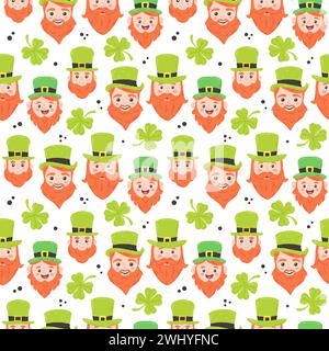 Modello festivo per St. Giorno di Patrick con un elfo carino e un trifoglio. Elementi di cartoni animati piatti disegnati a mano. Illustrazione vettoriale Illustrazione Vettoriale