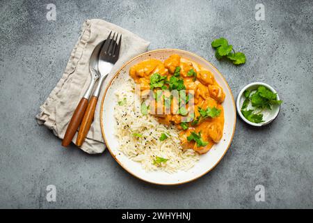 Piatto indiano tradizionale curry di pollo con riso basmati e coriandolo fresco su piatto bianco rustico su tavolo grigio cemento backgrou Foto Stock