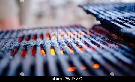 Fiamme, griglia per barbecue, barbecue sul cortile, grigliatura, cucina all'aperto, caminetto, barbecue, barbecue, barbecue, barbecue, cucina estiva Foto Stock