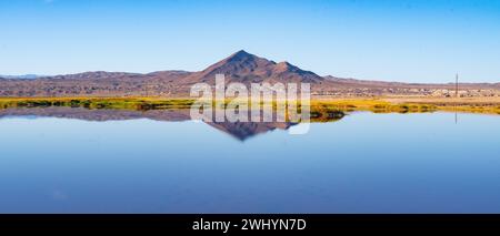 Monte Tecopa, vista panoramica, oasi del deserto, riflesso, perfetto, parco nazionale della Valle della morte, fotografia del paesaggio, catena montuosa Foto Stock