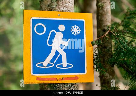 Cartello per escursioni invernali appeso su un albero nella foresta Foto Stock