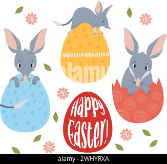 Raccolta delle bilbie di Pasqua con uova di Pasqua. Carino animale australiano. Illustrazione vettoriale in stile cartone animato piatto Illustrazione Vettoriale