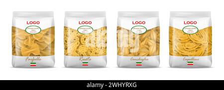 Confezione di pasta. Farfelle realistiche o mockup con borsa morbida. Imballaggio in plastica. Cucina italiana. Conchiglie e capellini. Telaio in cellofano trasparente. Confezione di macaroni di grano. Set di pacchetti di prodotti vettoriali Illustrazione Vettoriale