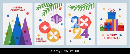 Buoni auguri di Natale. Felice anno nuovo 2024. Abete festivo. Festa di vacanza. Festeggiamenti natalizi. Confezioni regalo. Palle nei rami di conifere. Design piatto astratto. Set vettoriale di poster della stagione invernale Illustrazione Vettoriale