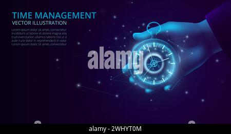 Orologio digitale. Orologio in polietilene basso. Gestione del tempo. Tecnologia di orologeria per le aziende. Orologio poligonale in mano. Struttura a reticolo 3D. Durata. Cronometro a luce blu. Cronometro di precisione. Sfondo vettoriale Illustrazione Vettoriale