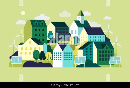 Città verde. Energia ecologica a casa. Paesaggio urbano con edifici solari ecologici e mulini a vento. Città geometrica. Il panorama è minimo. Panorama architettonico. Quartiere delle case. Illustrazione del disegno vettoriale Illustrazione Vettoriale