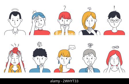 Preoccupare le persone. Ritratti di uomini e donne in ansia. Stress dei problemi. Espressioni emotive infelici. Riflettere o spiegare le domande aziendali. Icone di dubbio. Dipendenti stanchi. Set di semplici illustrazioni vettoriali Illustrazione Vettoriale