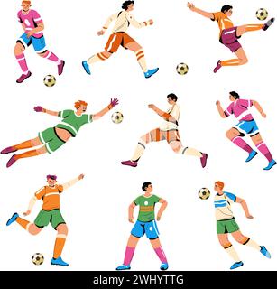 Atleti dinamici di calcio in posa, giocatori di calcio Illustrazione Vettoriale