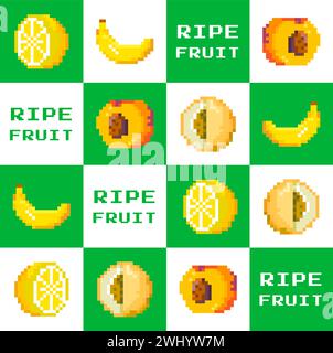 Frutta tropicale matura e dolce, banana e limone pixelati, melone e pesca. Pixel art di ingredienti sani e organici per dieta ed equilibrato mea Illustrazione Vettoriale