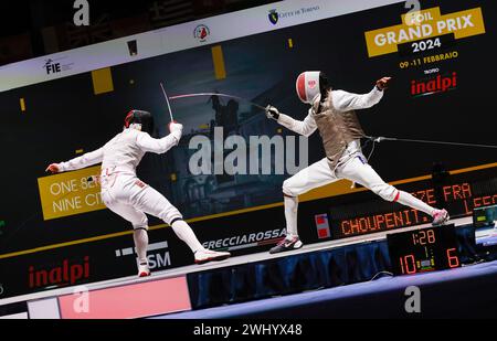 Torino, Italia. 11 febbraio 2024. Alexander Choupenitch della Repubblica Ceca (L) e Enzo Lefort della Francia in azione durante la semifinale maschile del Gran Premio di scherma - Trofeo Inalpi 2024. Alexander Choupenitch della Repubblica Ceca ha vinto la finale (Photo by Nderim Kaceli/SOPA Images/Sipa USA) Credit: SIPA USA/Alamy Live News Foto Stock