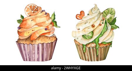 illustrazione acquerello di due cupcake con panna, pezzi di frutta, marmellata: kiwi arancio. fatto a mano. decorata con foglie e perline dolci. isolato su w Foto Stock