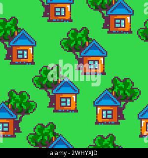Casa con camino e albero con fogliame e rami, piante pixelate e costruzione di edifici residenziali per videogiochi. Carta da parati o sfondo Illustrazione Vettoriale