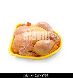 Pollo alimentato a mais in un vassoio di imballaggio giallo Foto Stock