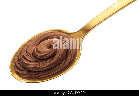 Vista dall'alto della crema di cioccolato alle nocciole con cucchiaio d'oro isolato su sfondo bianco Foto Stock