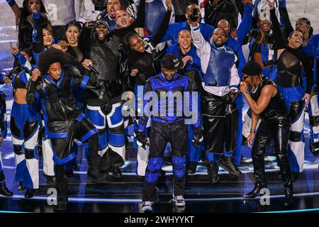 Ludacris, Usher e Lil Jon si esibiscono durante l'Apple Music Halftime Show al Super Bowl LVIII, Allegiant Stadium, Las Vegas, Nevada, USA. Data foto: Domenica 11 febbraio 2024. Foto Stock