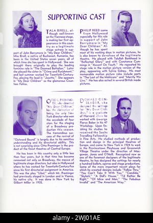 TALA BIRELL e PHILIP REED Direttore OTTO PREMINGER e Scenic Designer DONALD OENSLAGER a pagina dalla brochure per JOHN BARRYMORE nella nuova commedia MY DEAR CHILDREN 1940 regista OTTO PREMINGER scrittori Catherine Turney e Jerry Horwin prodotto da Richard Aldrich e Richard Myers al Belasco Theatre On Broadway, New York dal 31 gennaio al 18 maggio 1940 Foto Stock