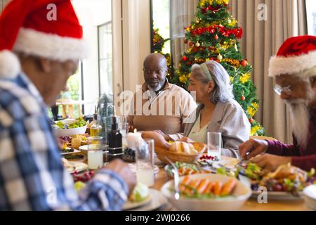 Felice gruppo di amici anziani che festeggiano la cena di natale nella soleggiata sala da pranzo Foto Stock