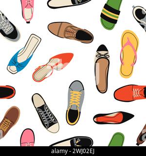 Scarpe da uomo e da donna senza cuciture. Diversi tipi di calzature moderne, stivali, sneakers, décolleté, infradito. Tessuto decorativo, carta da imballaggio Illustrazione Vettoriale