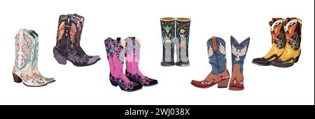 Set di diversi stivali da cowboy isolati. Illustrazione Vettoriale
