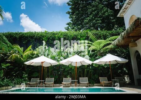 Una vista panoramica di una lussuosa area piscina tropicale all'aperto circondata da lussureggiante vegetazione e un cielo azzurro limpido con tre ombrelli bianchi con pali di legno Foto Stock