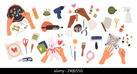 Elementi artigianali realizzati a mano da cartoni animati. Strumenti per hobby. Mani umane che creano ricami. Colleziona gioielli. Cucire giocattoli e dipingere ceramiche. Accessori fatti a mano Illustrazione Vettoriale