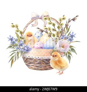 Buon cestino di Pasqua con fiori primaverili, salici, uova colorate e pollo, illustrazione ad acquerello disegnata a mano. Stile vintage. Disegno su wh isolato Foto Stock