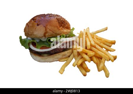 hamburger con anelli di cipolla e patatine fritte, isolato su sfondo bianco Foto Stock