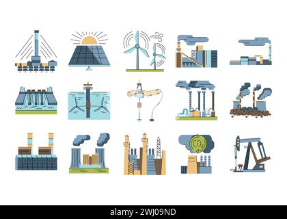 Set di icone delle linee di colore delle fonti di energia alternative. Elemento isolato vettoriale. Traccia modificabile. Illustrazione Vettoriale