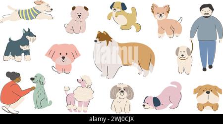 Carino set di illustrazioni vettoriali per cani disegnati a mano, isolato su sfondo bianco. Illustrazione Vettoriale