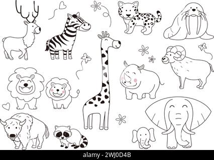 Set di illustrazioni vettoriali di animali cartoni animati disegnati a mano, isolato su sfondo bianco. Illustrazione Vettoriale