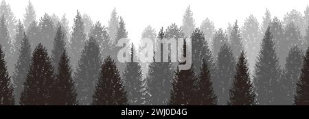 Illustrazione di sfondo boschivo monocromatico senza giunzioni vettoriali. Ripetibile orizzontalmente. Illustrazione Vettoriale