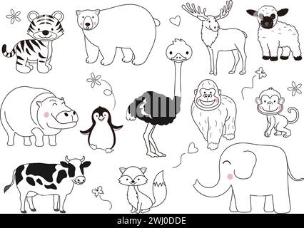 Set di illustrazioni vettoriali di animali cartoni animati disegnati a mano, isolato su sfondo bianco. Illustrazione Vettoriale